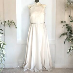 NEW Champagne Pearl formal full length dress gown minimalist wedding Plus Sz 20